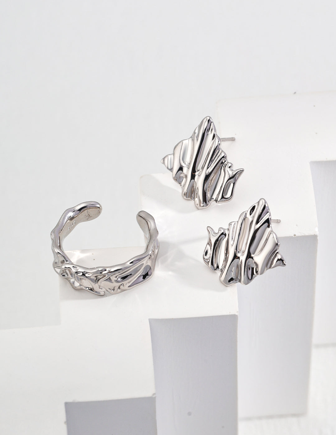 Wave Crest Ring and Earring Set-103621