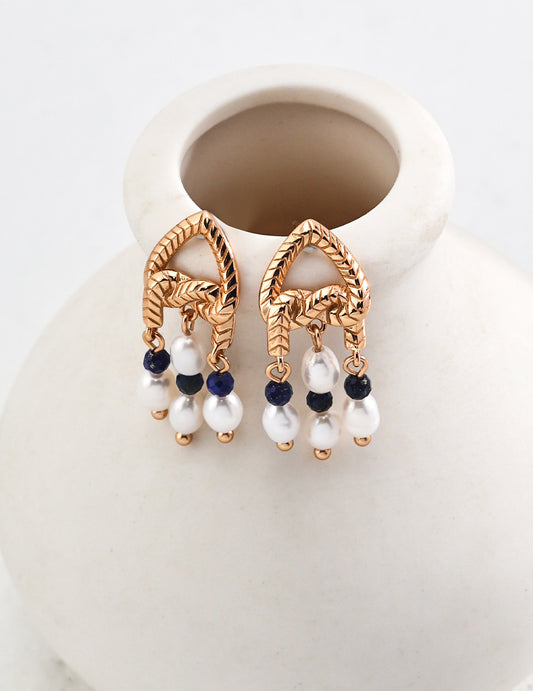 Golden Lapis Pearl Drop Earrings-103777